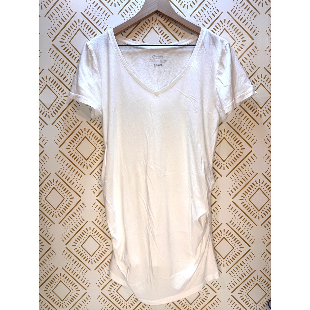 Pact Maternity T-Shirt Women Large White V-Neck Ruched Organic Cotton Tee